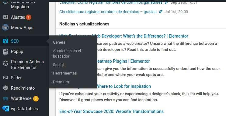 Yoast SEO activado en WordPress