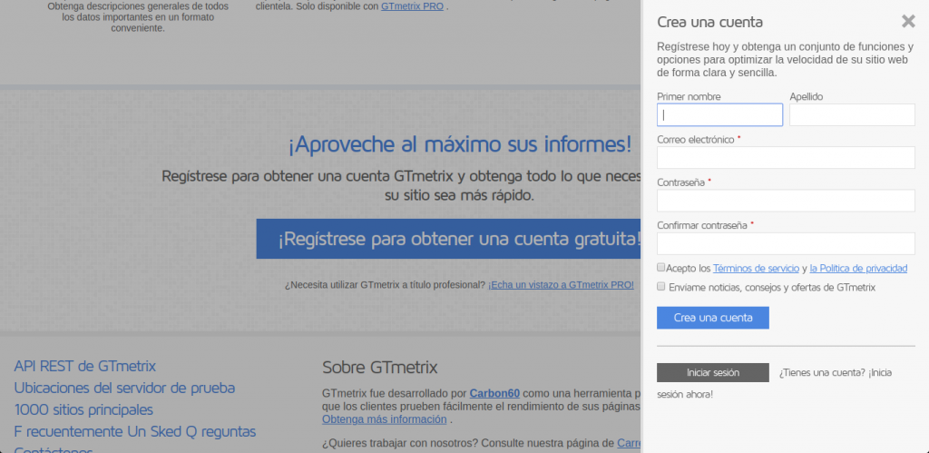 Crear cuenta con GTMetrix